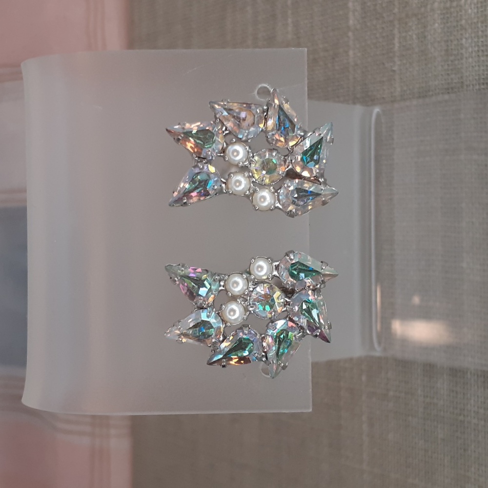B David Aurora Borealis Rhinestone Silver Clip Earrings